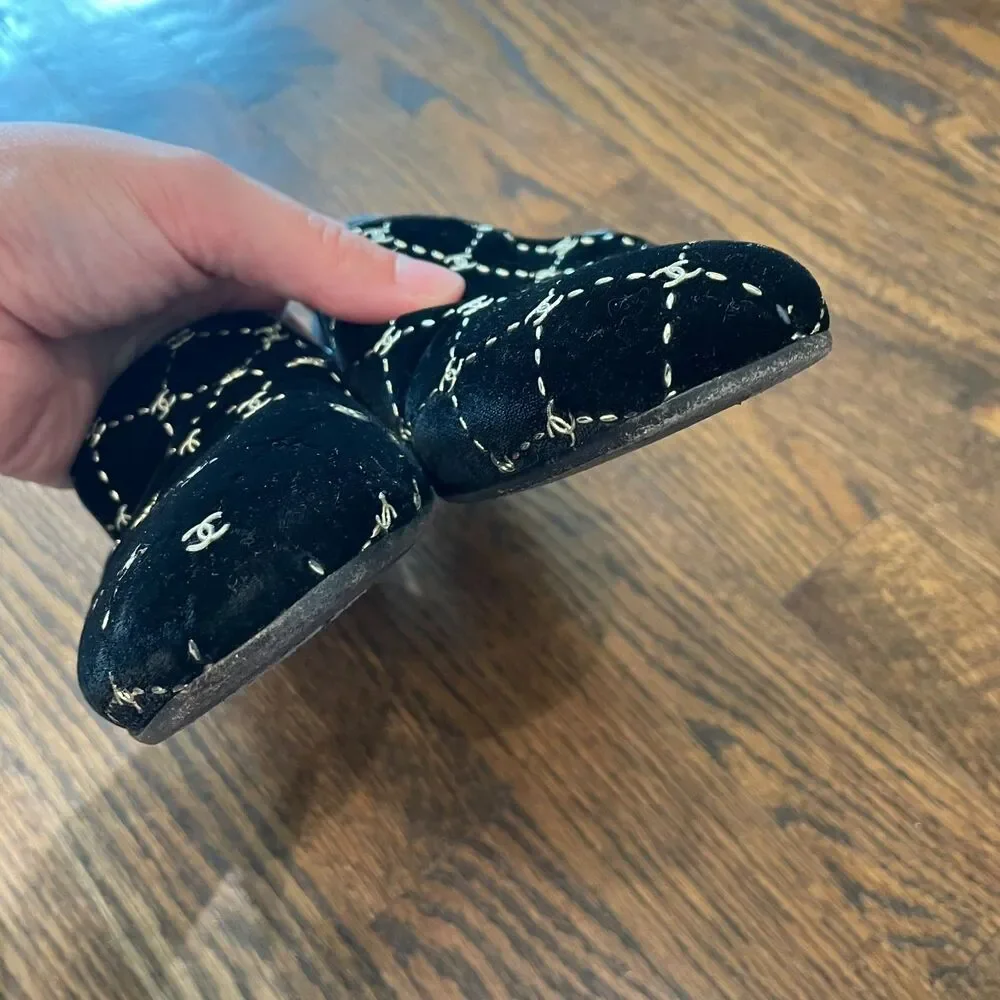 CHANEL Black Velvet Diamond Loafers Logo Smoking Slippers